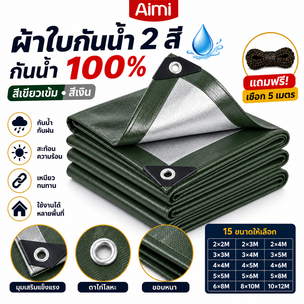 Aimi ผ้าใบกันฝน ผ้าใบกันแดดฝน ผ้าใบกันน้ำ ผ้าใบพลาสติก PE (มีตาไก่) ผ้าใบพลาสติกเอนกประสงค์ ผ้าใบกันน้ำหนาสองด้าน