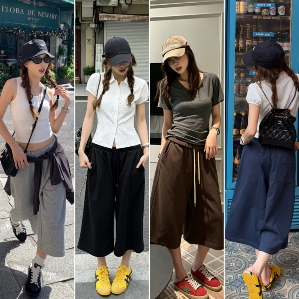 Bella Shop กางเกงสามส่วน กางเกงขากว้างผู้หญิง สไตล์เอวสูงทรงตรง เอวเชือกดึง สไตล์ไฮสตรีทย้อนยุคเกาหลี หลายสี