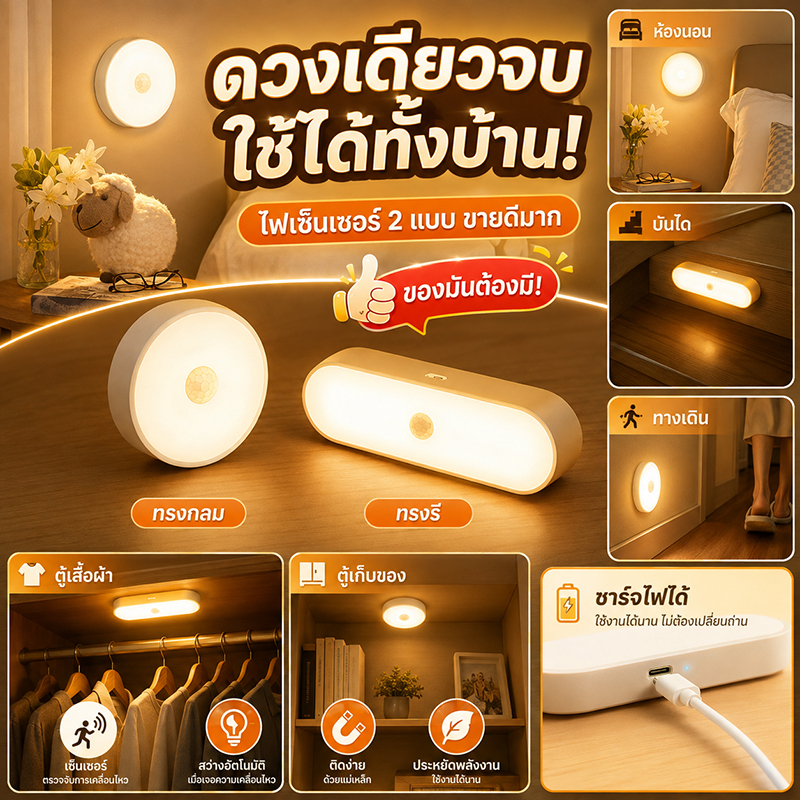 ลุกดึก เดินมั่นใจ ไฟเซ็นเซอร์LED แสงวอร์ม โคมไฟหัวเตียง ติดแม่เหล็ก ไฟกลางคืนเซ็นเซอร์ ไฟไร้สาย สำหรับห้องนอนตู้เสื้อผ้า