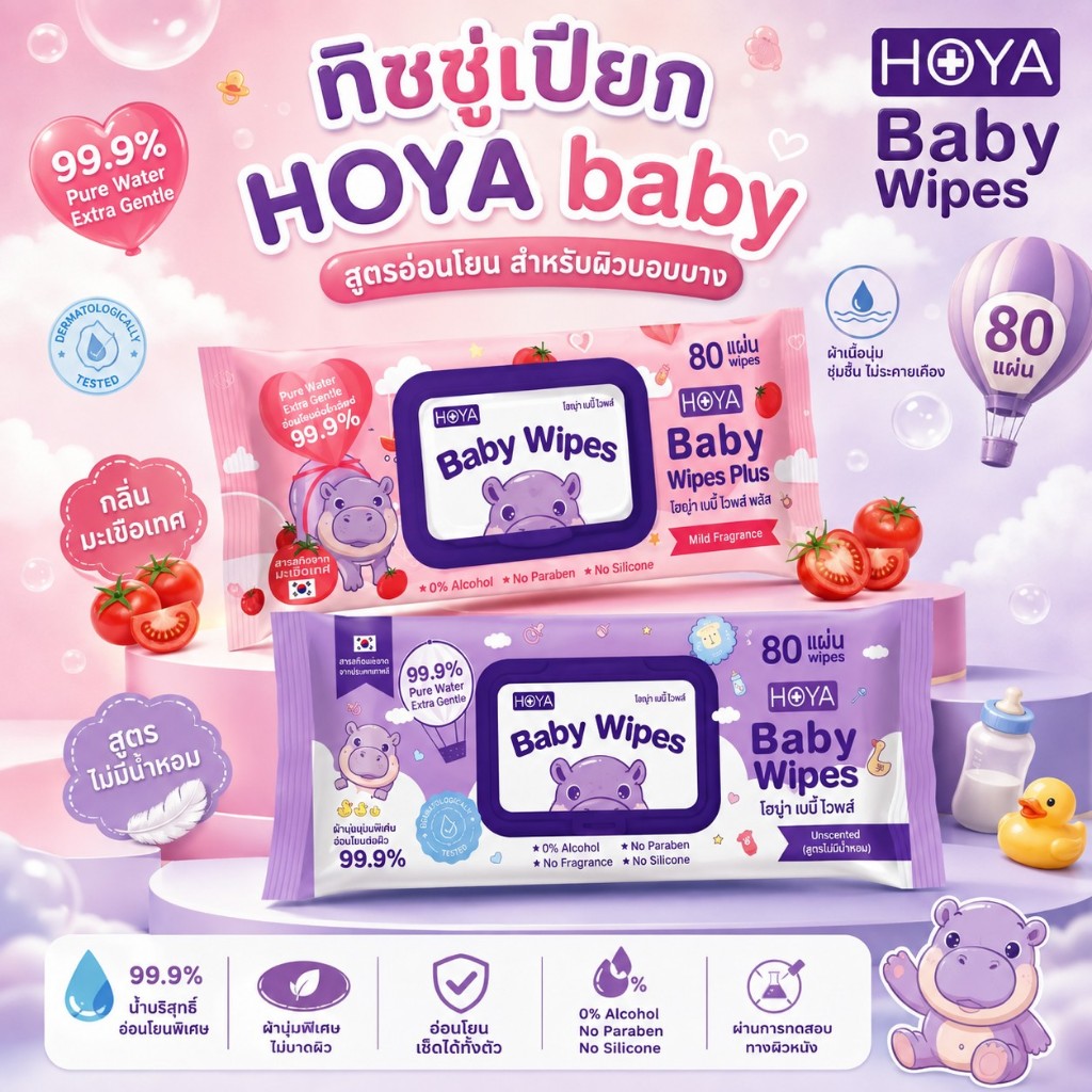 SH-W ทิชชู่เปียกฮิปโป HOYA baby Wipes Plus 1ห่อ80แผ่น อ่อนโยนต่อเด็ก ( พร้อมส่ง )