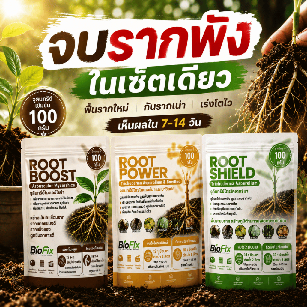 BioFix ชุดฟื้นรากพืช 3 ตัว ROOT BOOST + ROOT POWER + ROOT SHIELD จุลินทรีย์แก้รากเน่า เร่งราก โตไว บ