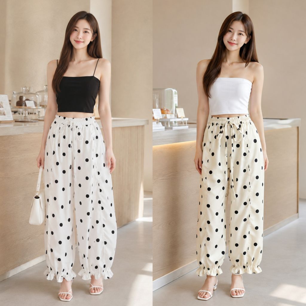 Mahahengcloset กางเกงขาจั๊ม ชายระบาย ผ้าครัชลายจุดใหญ่ ตีเกล็ดหน้า ทรงสวย ใส่ได้ทั้งสาวไซส์มินิและสาวอวบ