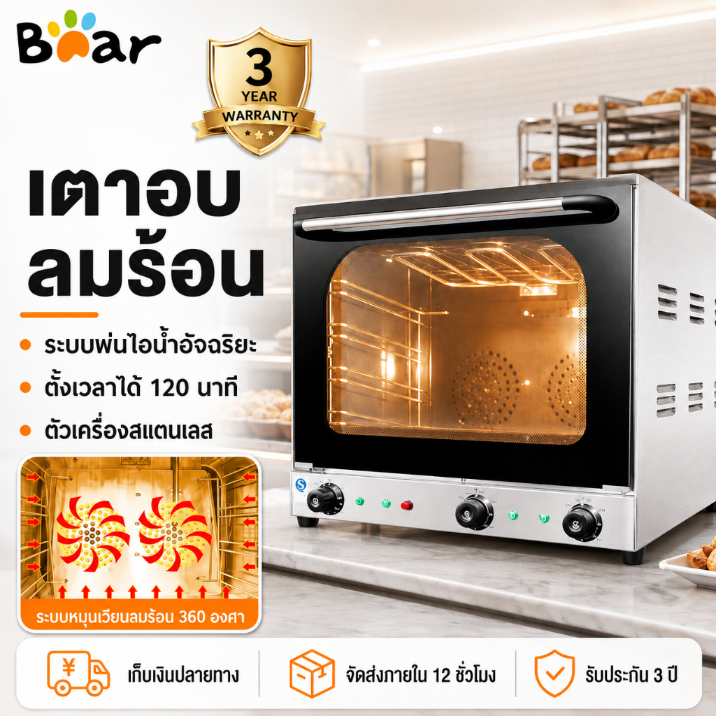 【พร้อมส่ง】Bear เตาอบลมร้อน convection ความจุ 65 ลิตร อบได้ 4 ถาด (ปรับพัดลมได้+มีสเปรย์ไอน้ำ) เตาอบคอนเวคชั่น เตาอบเชิงพ