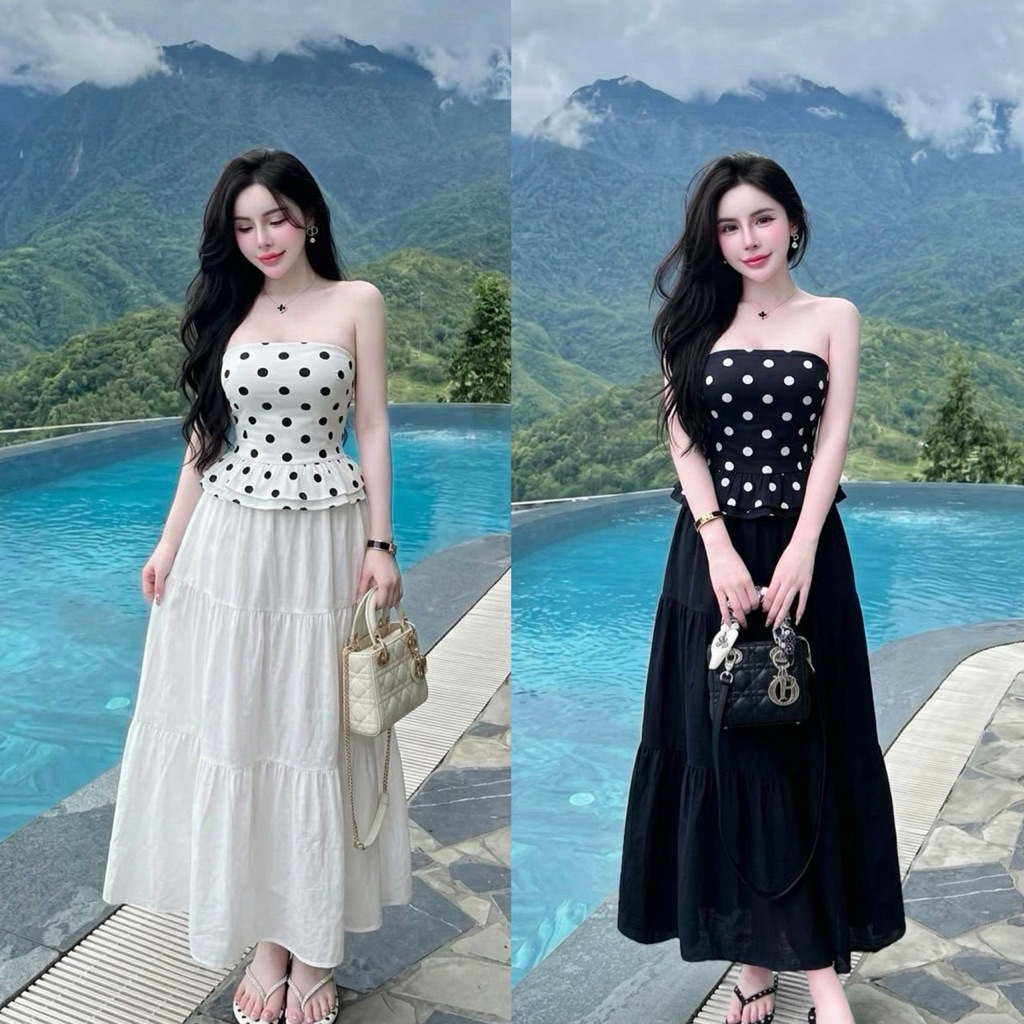 พร้อมส่ง ชุดเซ็ท2ชิ้น เสื้อเกาะอกโพกาดอท+กระโปรงยาว สายคาเฟ่ต้องมี