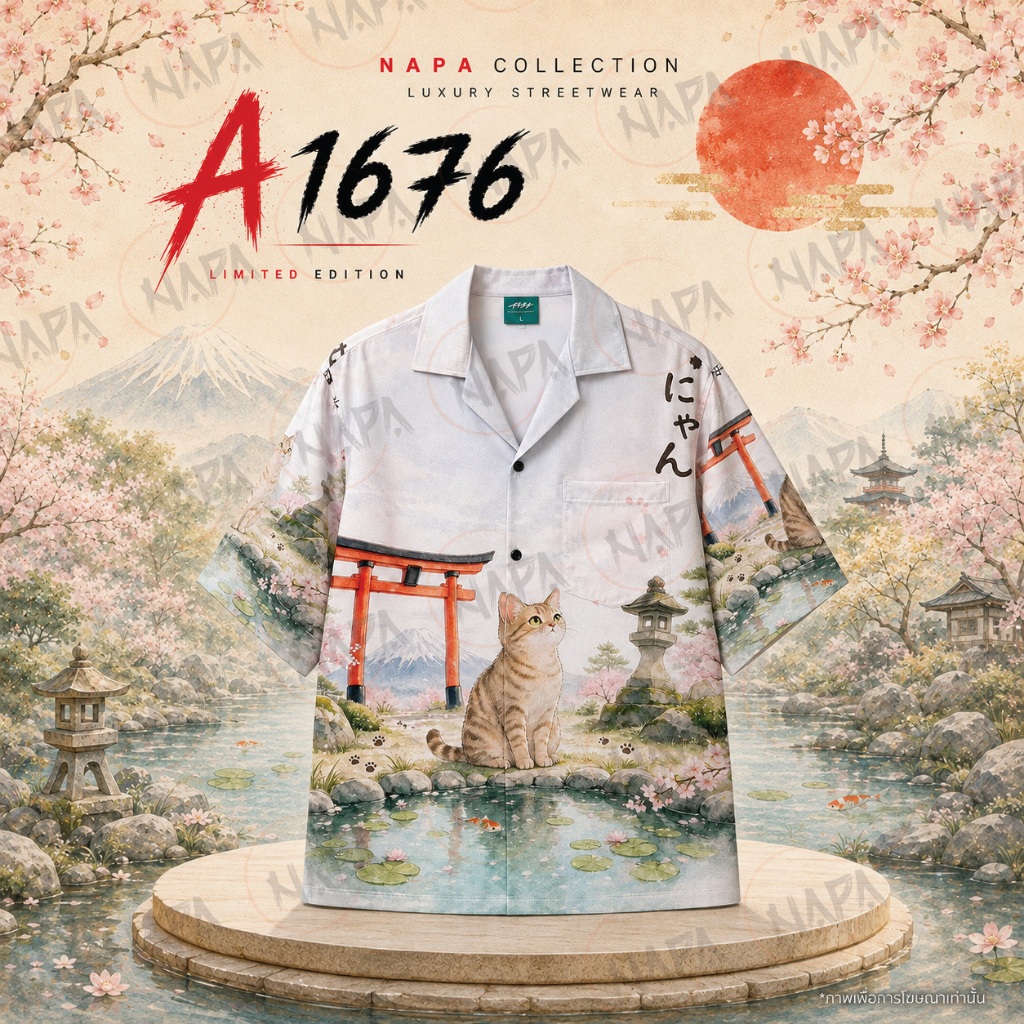 เสื้อฮาวาย แมวริมบ่อน้ำ A1676 ผ้าไหมอิตาลีแท้