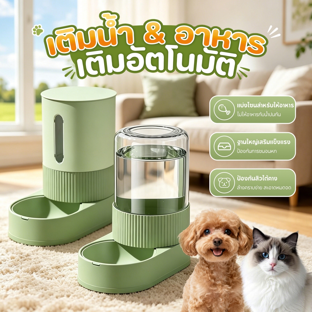 เครื่องให้อาหาร/น้ำสัตว์เลี้ยงอัตโนมัติ ความจุใหญ่ 2400‑2600ML ไม่ต้องไฟฟ้า ถอดล้างง่าย กันลื่น สำหรับแมวและสุนัข