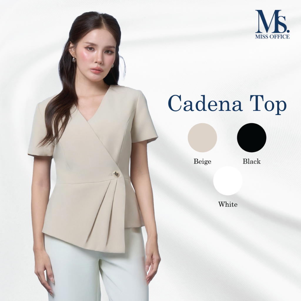 Miss office เสื้อคอวีทบป้ายแขนสั้นตัดต่อแต่งจีบ (Cadena Top : MT-539)