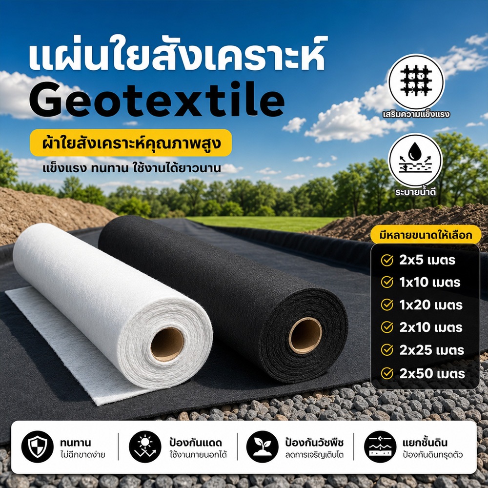 แผ่นปูดิน Geotextile แผ่นปูหิน สีดำ สีขาว 200g/300g ใยสังเคราะห์แบบ Non Woven - สำหรับงานจัดสวน แผ่น