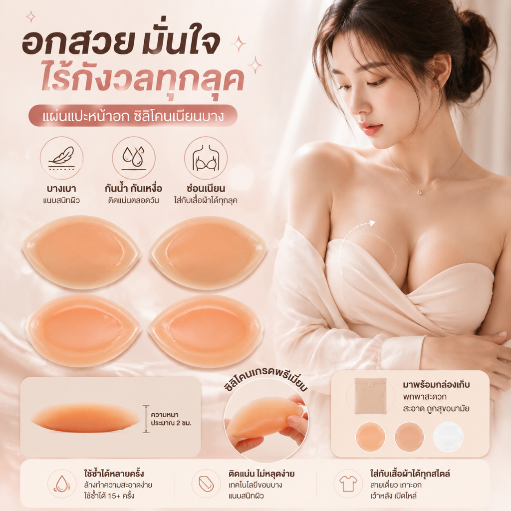 ซิลิโคนเสริมนมไร้กาว ซิลิโคนเสริมทรง ซิลิโคนเสริมหน้าอก แผ่นเสริมบรา บราซิลิโคนไร้กาว แบบไร้กาว 2pcs