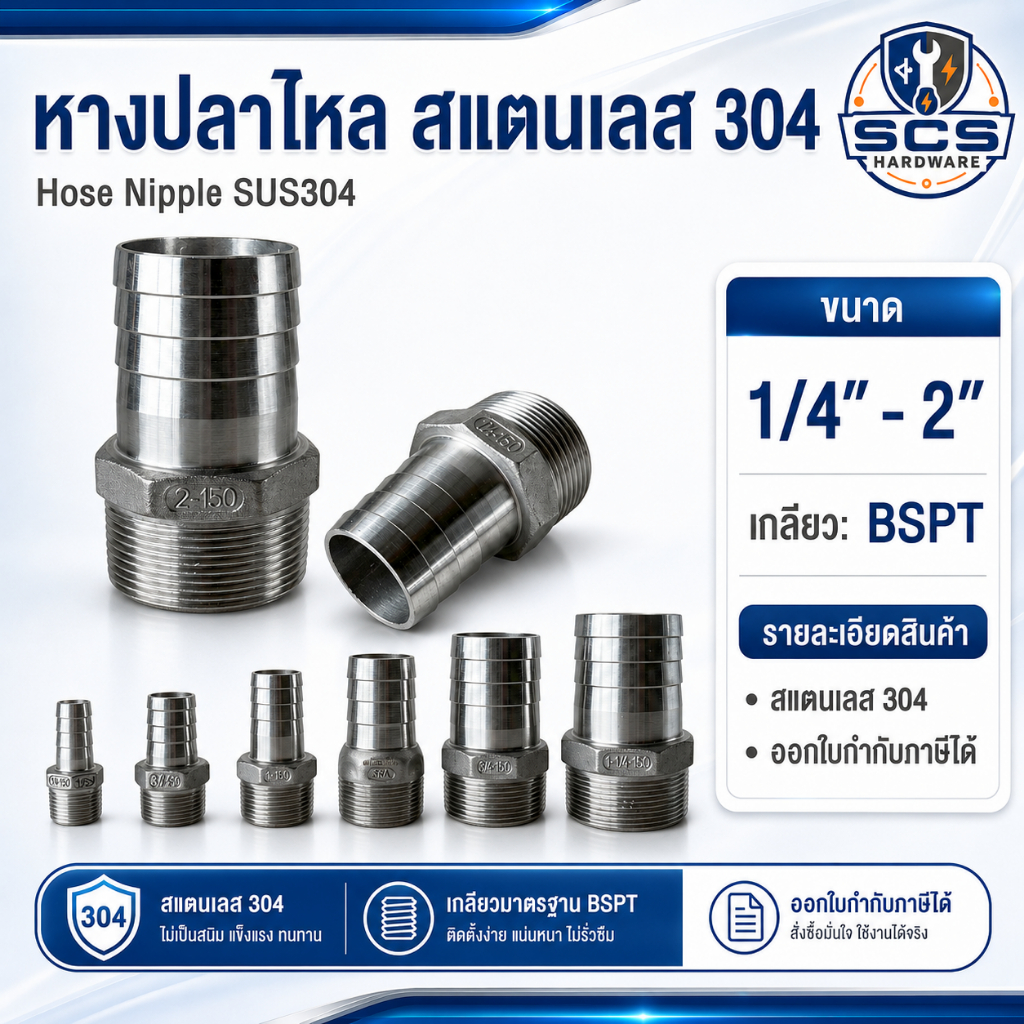 หางปลาไหล สแตนเลส 304 เกลียวนอก ขนาด 1/4'' - 2นิ้ว ข้อต่อสวมสายยาง หางปลาไหล อุปกรณ์สแตนเลส Stainless 304 Hose Nipple
