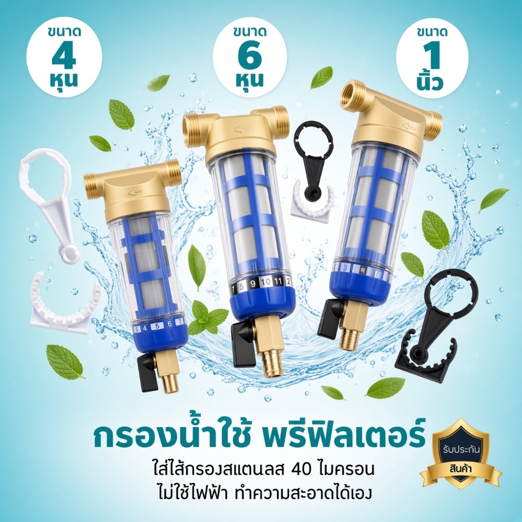กระบอกกรองน้ำ Water Pre-Filter ไส้กรองสแตนเลส เครื่องกรองน้ำใช้ทั้งบ้าน มีระบบล้างในตัว ขนาด 1/2 3/4 และ 1 นิ้ว