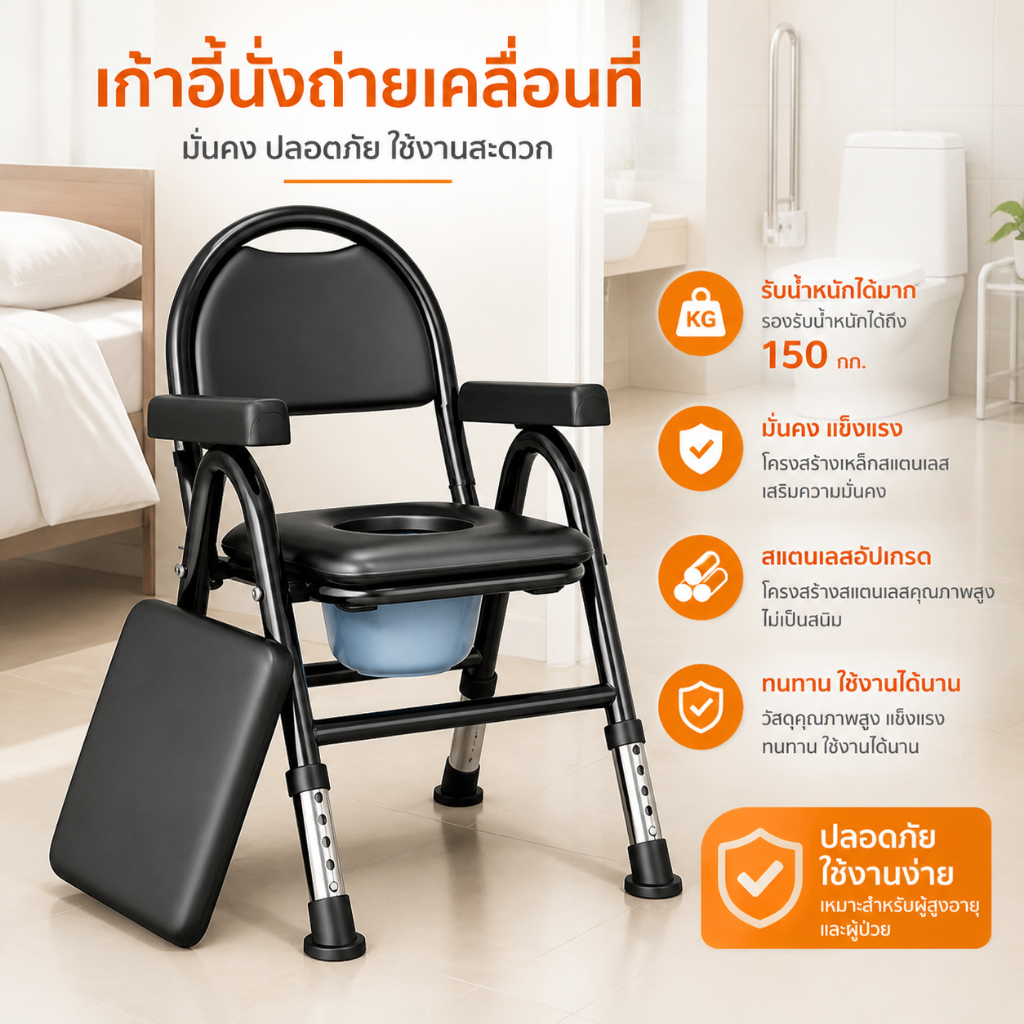 เก้าอี้นั่งถ่ายแบบพกพา พับได้ แข็งแรง ปรับระดับได้ เหมาะสำหรับผู้สูงอายุ หญิงตั้งครรภ์ และผู้พิการ