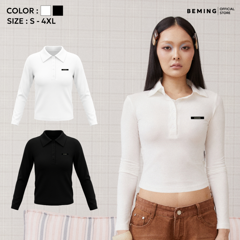 Bemingtop1221(S-4XL)-Rono Polo - เสื้อโปโลแขนยาวดีไซน์มินิมอลดีเทลโลโก้ BEMING