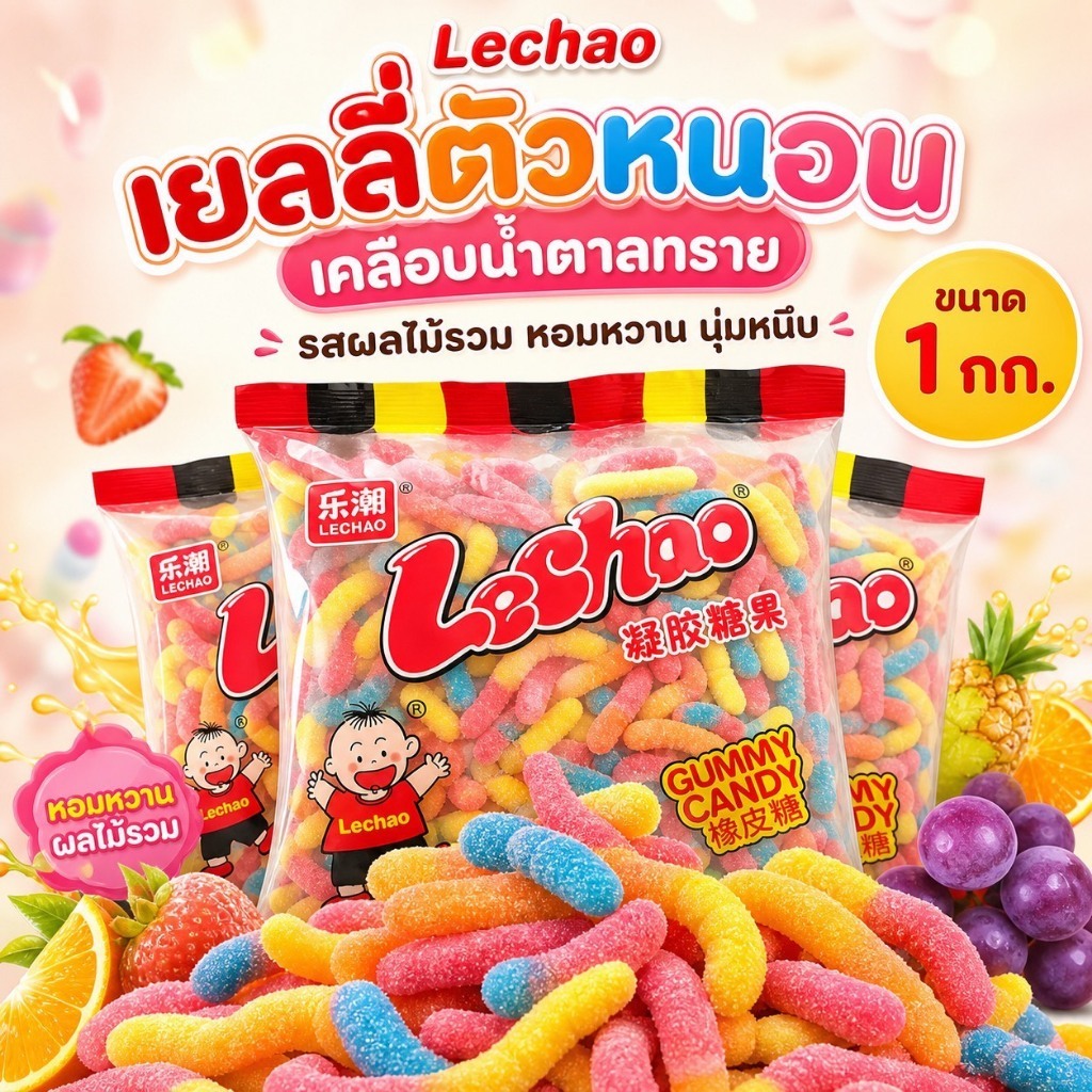 เยลลี่ตัวหนอน Lechao รสเปรี้ยวหวานลงตัว เคี้ยวหนึบ อร่อยเต็มคำจนหยุดไม่อยู่ มาในห่อใหญ่สุดคุ้ม 1 กิโลกรัม