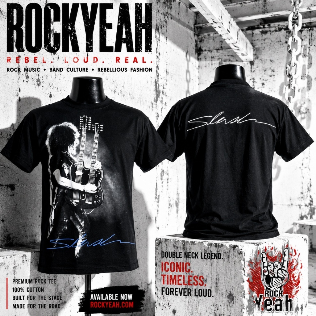 เสื้อวง Slash ลาย สแลชเล่นกีตาร์สองคอ มือกีตาร์ระดับโลก Graphic Band Tee Hard สีดำ SLS793
