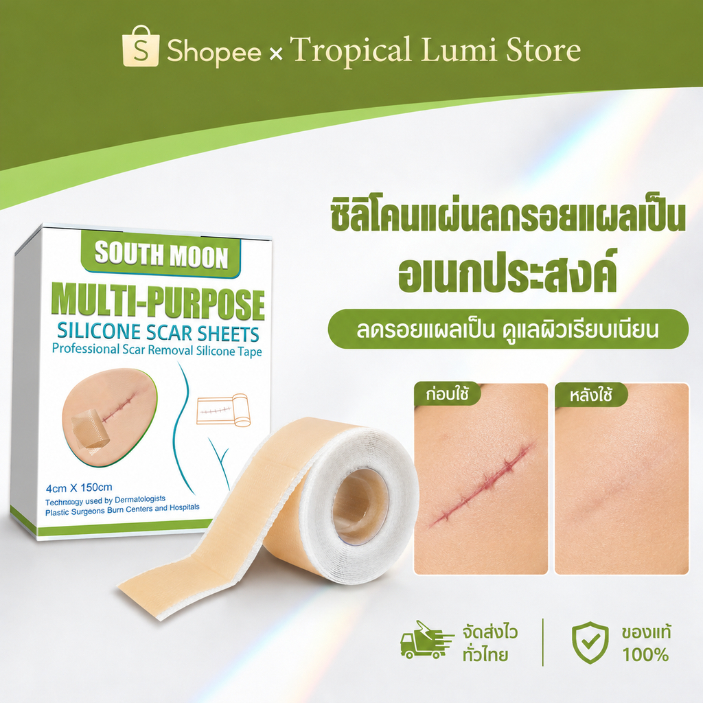 South Moon แผ่นแปะแผลเป็นซิลิโคน แผ่นซิลิโคนเจล แผ่นแปะแผลเป็น ลดรอยแผลเป็นและรอยแตกลาย Scar Sheet