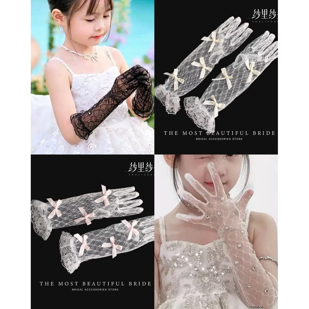 ส่งจากไทย ถุงมือลูกไม้สำหรับเด็ก ติดเพชร น่ารัก ไฮโซ #ถุงมือ02