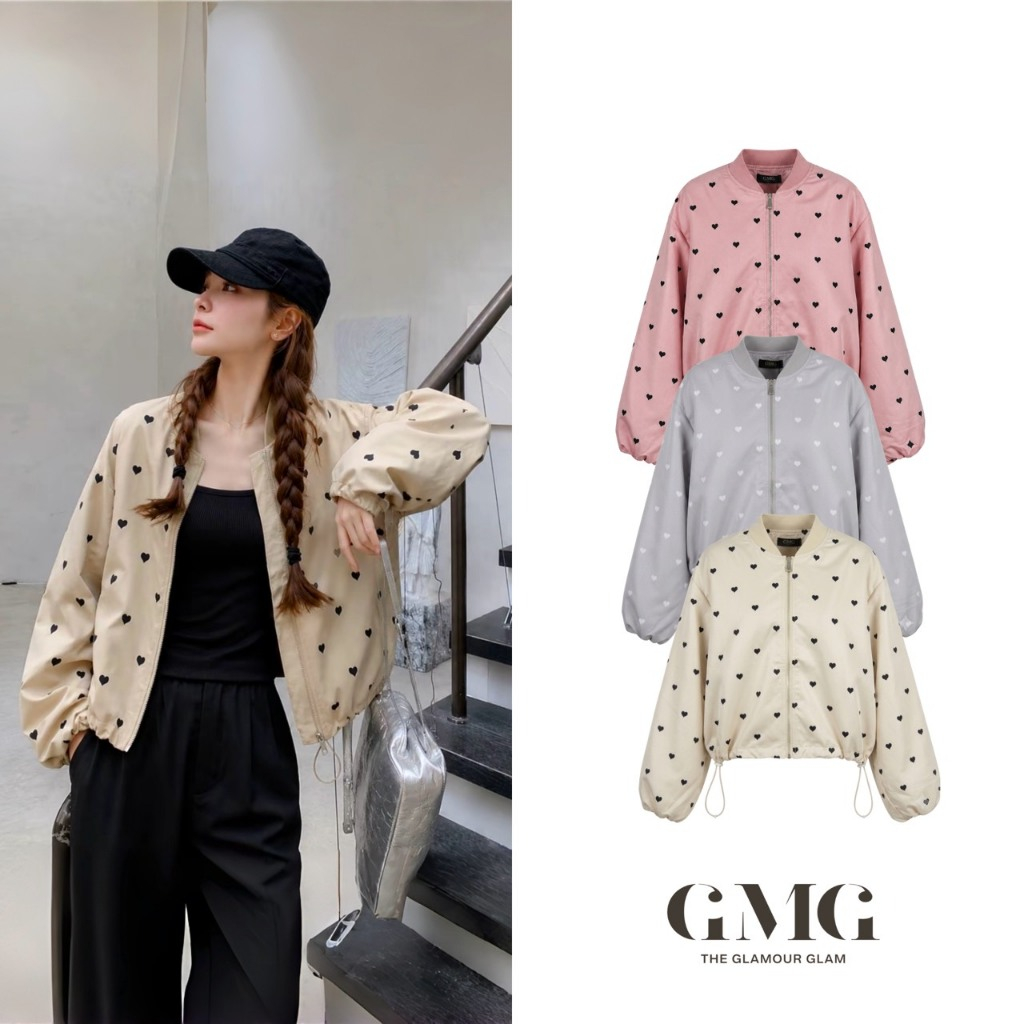 (พร้อมส่ง)รุ่น(GMG-Heart Jacket)แจ็คเก็ตบอมเบอร์ลาย Mini Heart ผ้า Polyester Taffeta ใส่สบาย จะแมทช์กับกระโปรงก็น่ารั