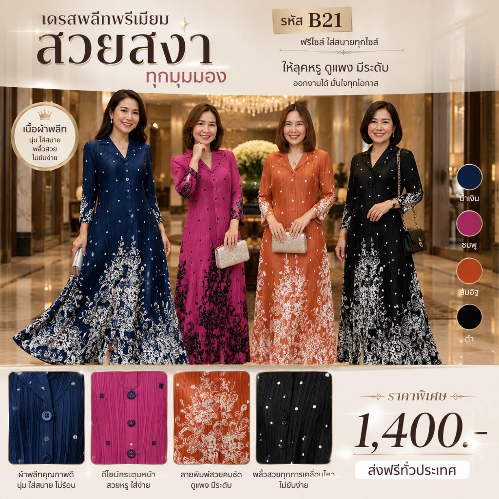 PleatByNisa B21 เดรสอัดพลีทผ้าพรีเมียม เนื้อผ้าคุณภาพ Polyester100%