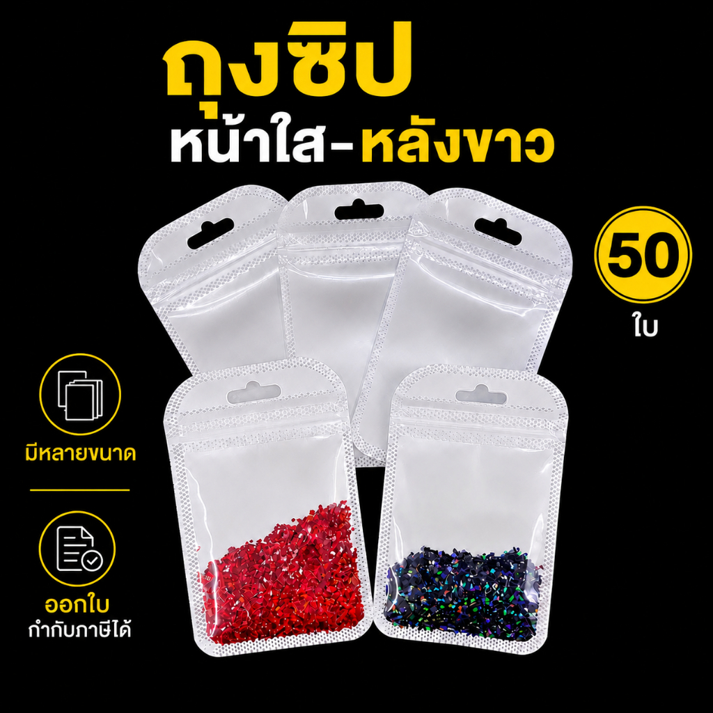 พร้อมส่ง (G7)ถุงซิปพลาสติก หน้าใส-หลังขาว 50 ใบ