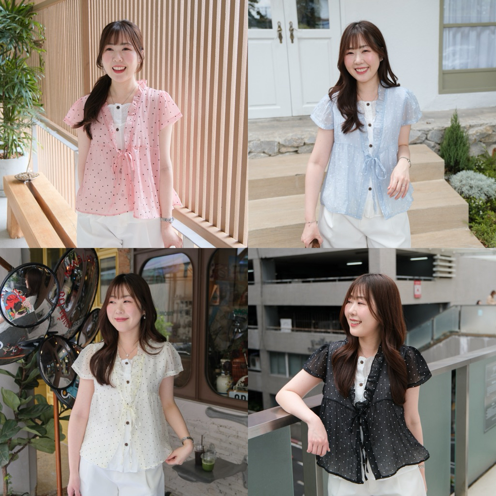 Rumi layer top ❣️Chakiya.store เสื้อสุดคิ้ววท์ เล่น layer มาพร้อมผ้าลาย polkadot🩵💖