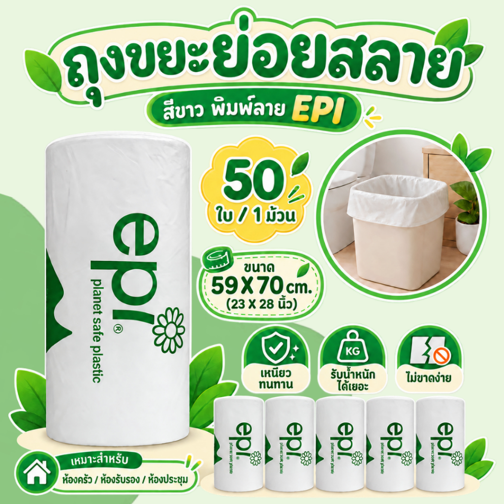 ถุงขยะย่อยสลาย 59x70 ซม. 50 ใบ/ม้วน เนื้อเหนียว ไม่มีกลิ่น ราคาต่อม้วน ตราช้างคู่