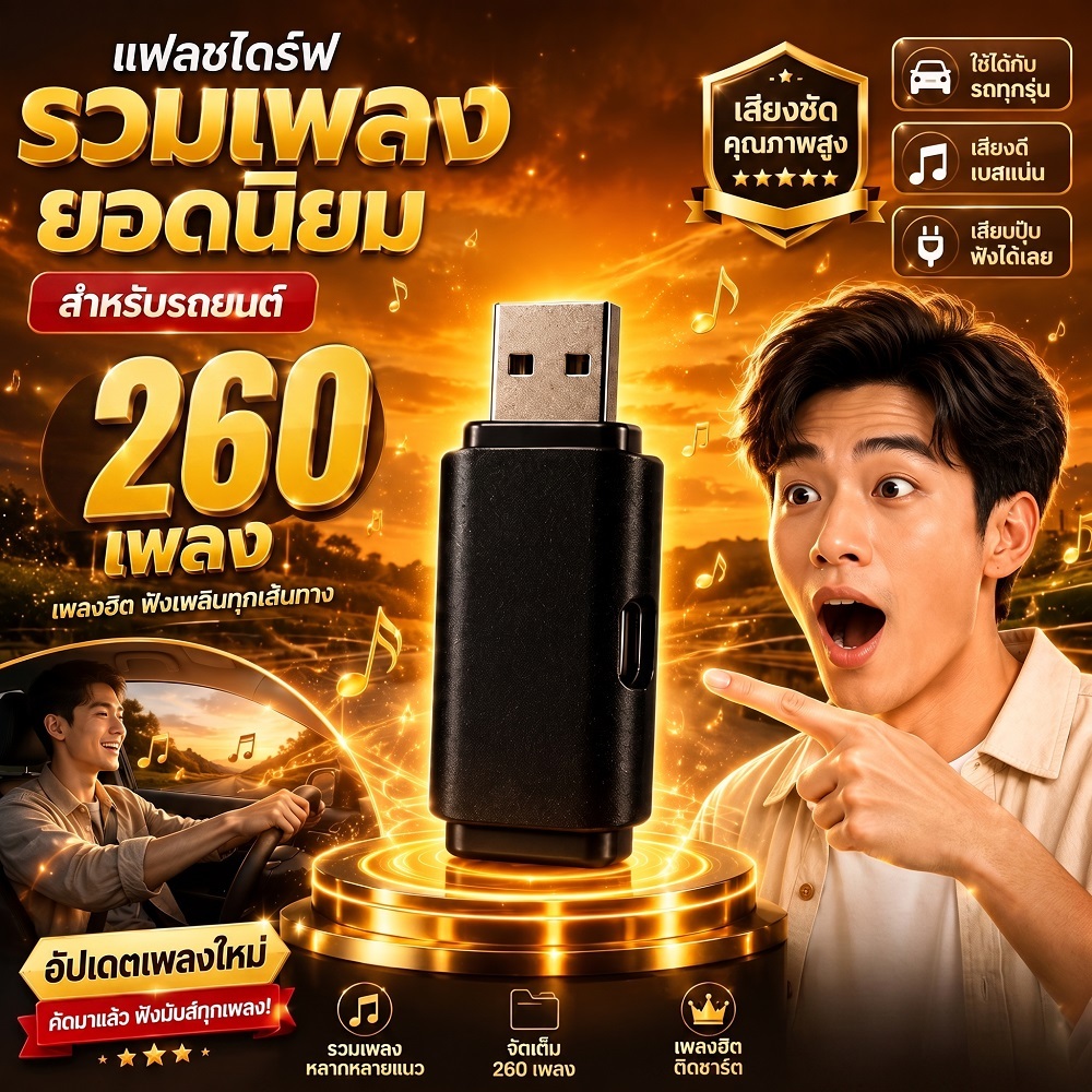 แฟลชไดรฟ์ USB สำหรับระบบเครื่องเสียงรถยนต์ รองรับลำโพงและอุปกรณ์เสียงที่มีพอร์ต USB ใช้งานง่าย เสียบแล้วพร้อมใช้งาน