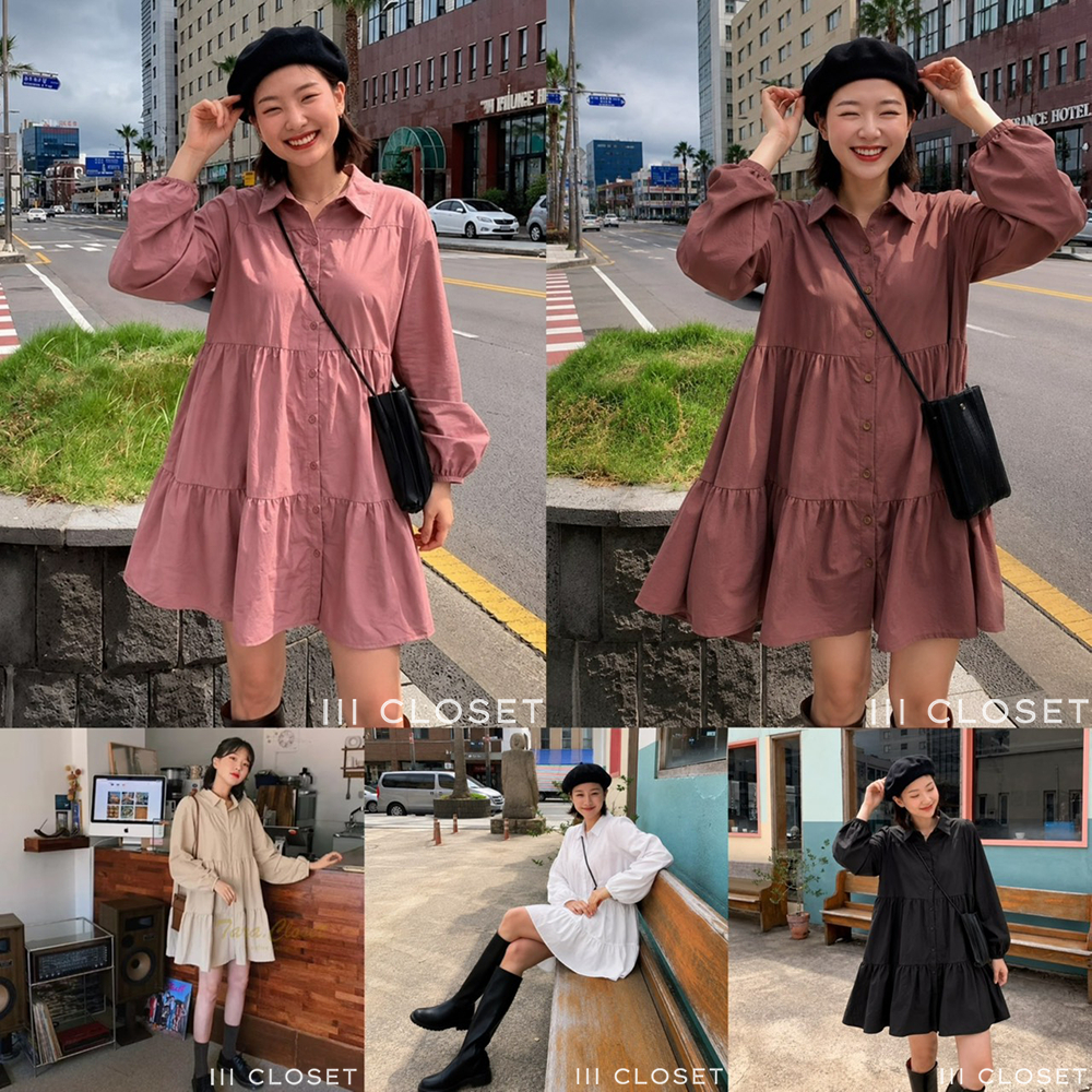 มินิเดรสสั้น lll Freesize lll IT055 คอปก แขนยาว กระดุมหน้า ชุดเย็บระบายเป็นชั้นๆ ผ้าไหมอิตาลี