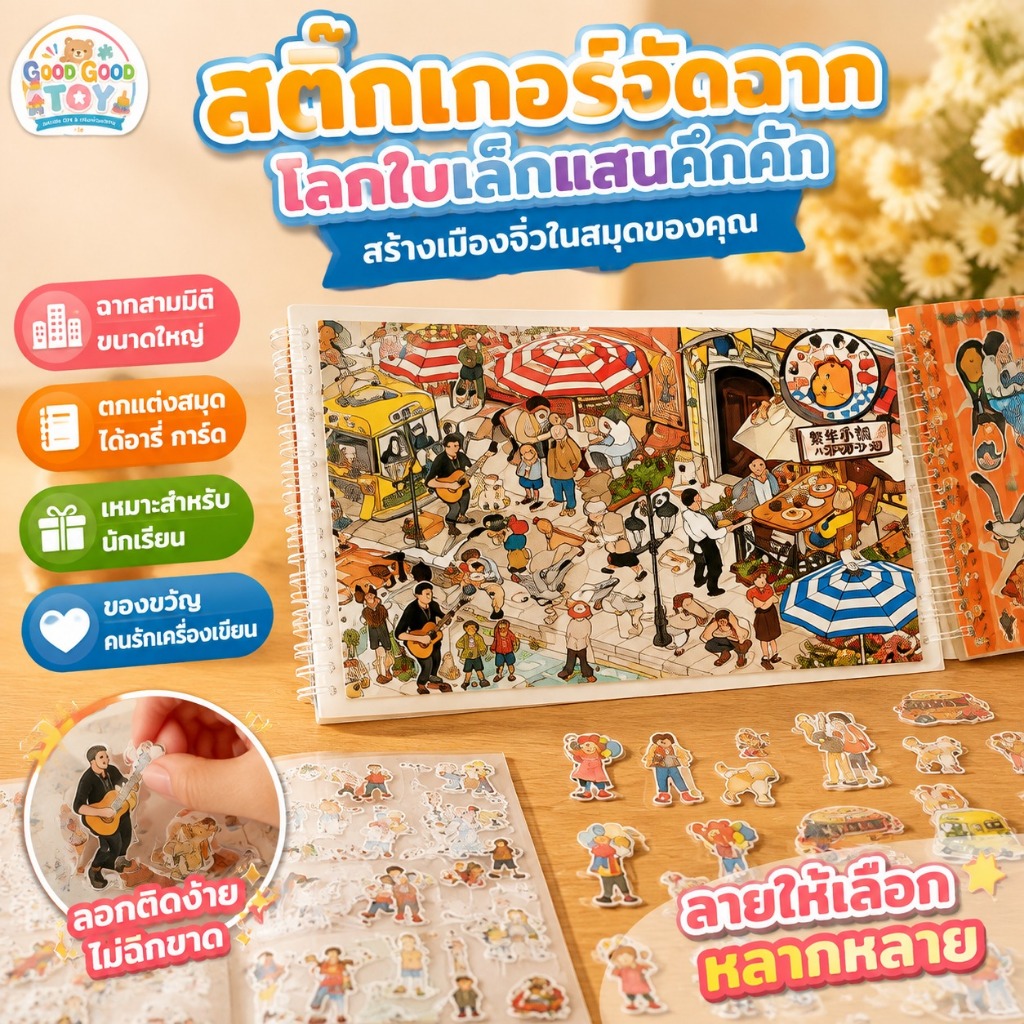 สติกเกอร์ฉากจิ๋ว 3D แผ่นใหญ่ DIY สร้างเมืองและจัดฉากน่ารัก ติดง่าย สำหรับสมุดบันทึก Planner ไดอารี่และงานคอลลาจ