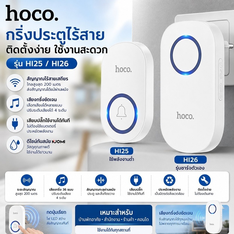 HOCO HI25 HI26 กริ่งไร้สาย ไม่ใช้ถ่าน ไม่ต้องเดินสายไฟ ระยะ 150 เมตร 60 ริงโทน ออดประตู กริ่งประตู