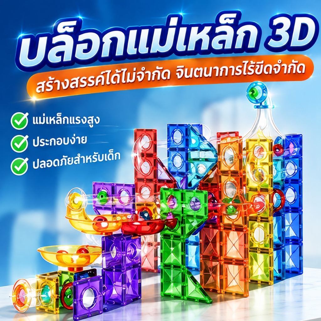 Magnetic Tiles แผ่นตัวต่อแม่เหล็ก 3D ของเล่นเสริมพัฒนาการ STEM Montessori สำหรับเด็ก ตัวต่อแม่เหล็ก 