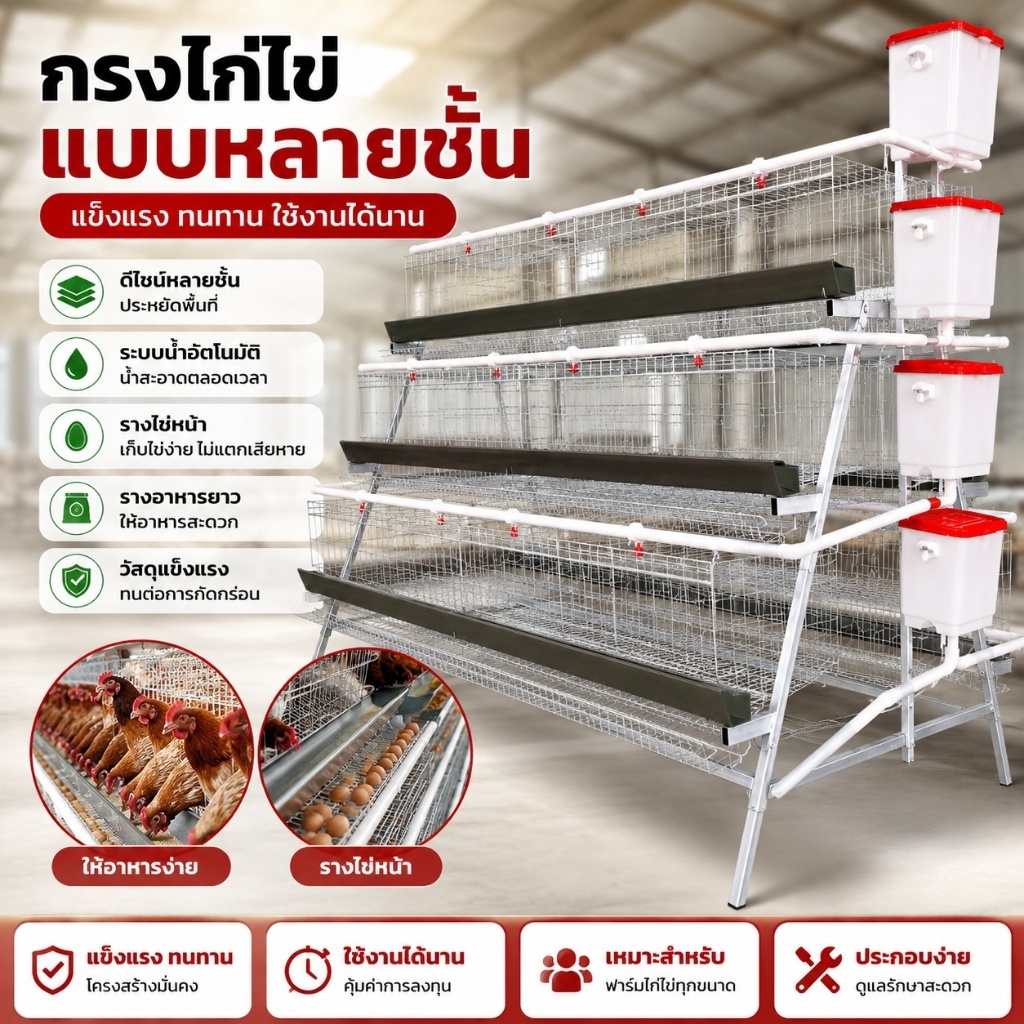กรงเลี้ยงไก่ไข่แบบหลายชั้น กรงไก่ไข่ฟาร์ม ระบบให้น้ำอัตโนมัติ พร้อมรางอาหารและรางเก็บไข่