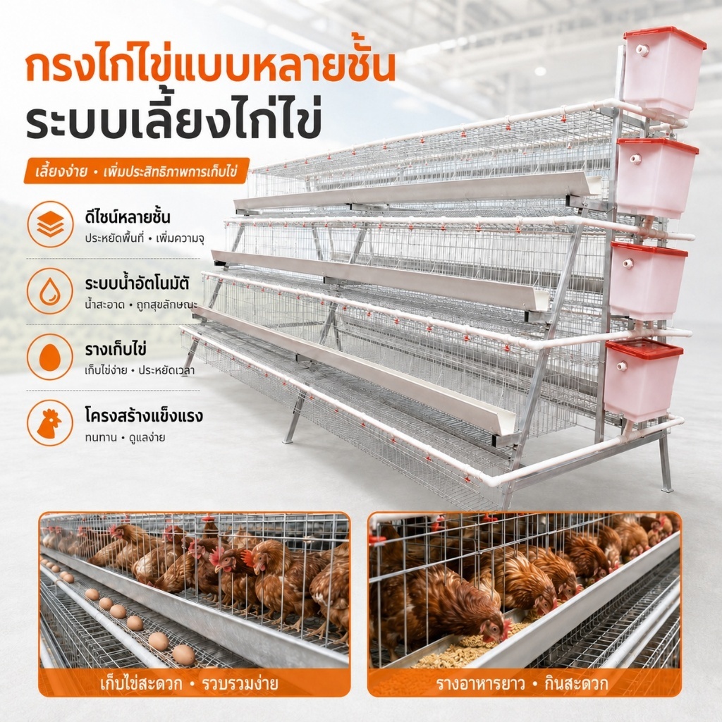 กรงตับไก่ไข่ กรงไก่ไข่แบบหลายชั้น สำหรับฟาร์มไก่ไข่ แข็งแรง พร้อมระบบน้ำและรางอาหาร