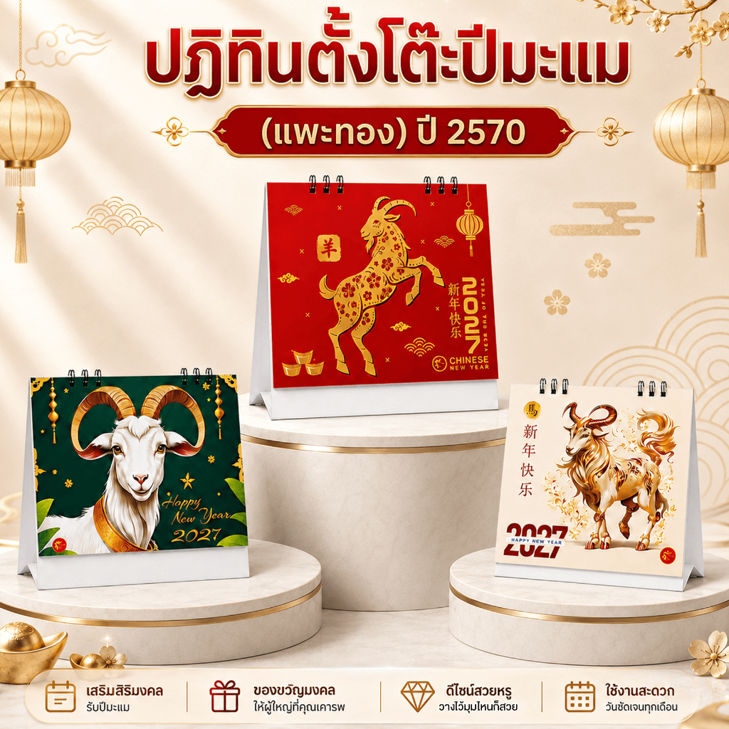 [ มีให้เลือกหลายแบบ ] ปฏิทินตั้งโต๊ะปีมะแม ( แพะทอง ) ปี 2570 ปกสวย พิมพ์สีทั้งเล่ม วันสำคัญต่างๆครบ