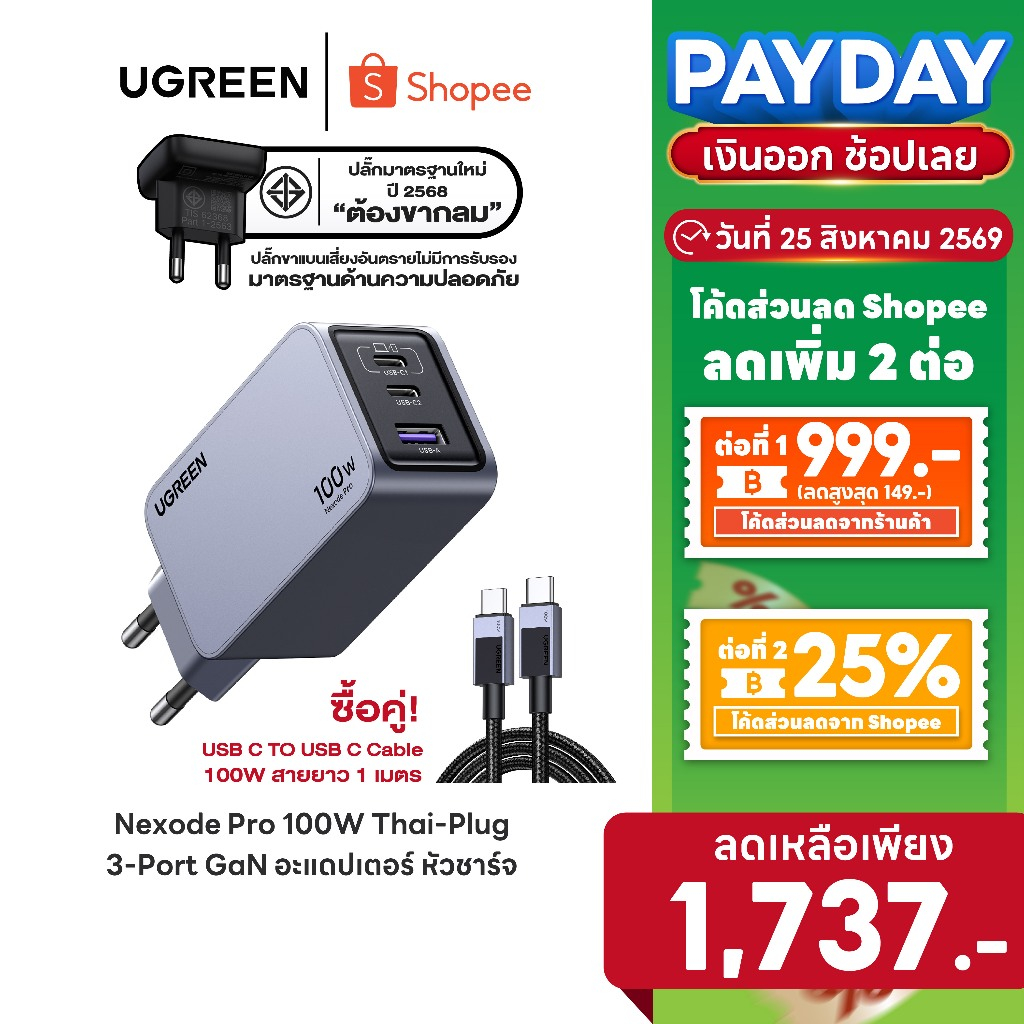 [ลดเหลือ 1737] UGREEN Nexode Pro 65-160W 3-Port GaN อะแดปเตอร์ หัวชาร์จ Super Fast Charging 3in1