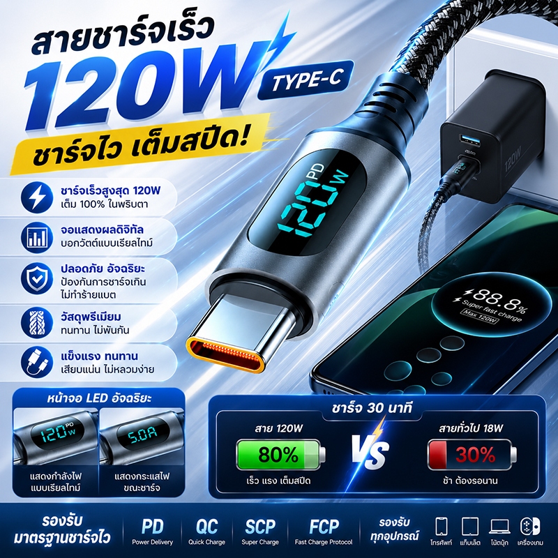 สายชาร์จเร็ว 120W Type‑C to Type‑C จอแสดงพลังงานดิจิตอล สายถักไนลอน สำหรับมือถือ แท็บเล็ต แล็ปท็อป