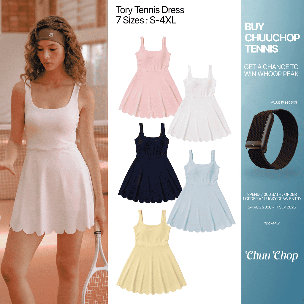 CHUUCHOP | S-4XL | Tory Tennis Dress ชุดเดรสเทนนิสผู้หญิง สปอร์ตบราในตัว มีกางเกงซับในและกระเป๋าเก็บลูกเทนนิส (C8633)