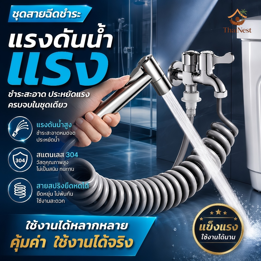 หัวฉีดชำระ ชุดฉีดชำระ แรงดันสูง สายฉีดชำระ แบบสปริง หัวฉีดชำระ ท่ออาบน้ำแบบยืดหดได้ ชุดปืนฉีดชําระสแตนเลสชักโครก