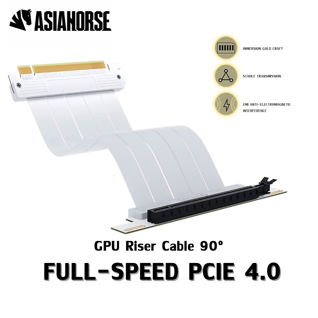 สายต่อการ์ดจอแนวตั้ง AsiaHorse GPU Riser Cable PCIe 4.0 X16 90° สี-ขาว 250mm Full Speed PC