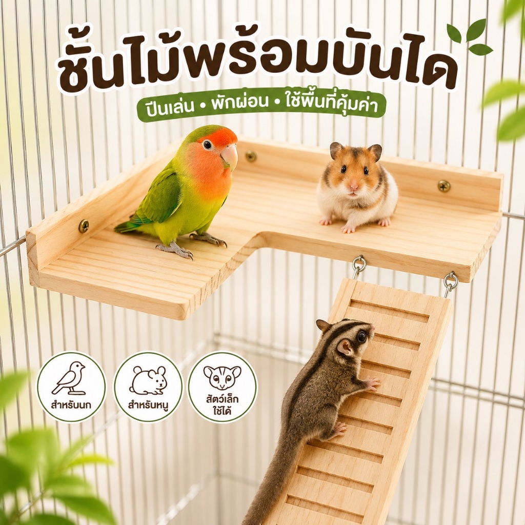 ชั้นไม้เข้ามุมพร้อมบันได สำหรับนก หนู ชินชิล่า ชูการ์ไกลเดอร์ ชั้นพักติดกรง ของเล่นสัตว์เล็ก
