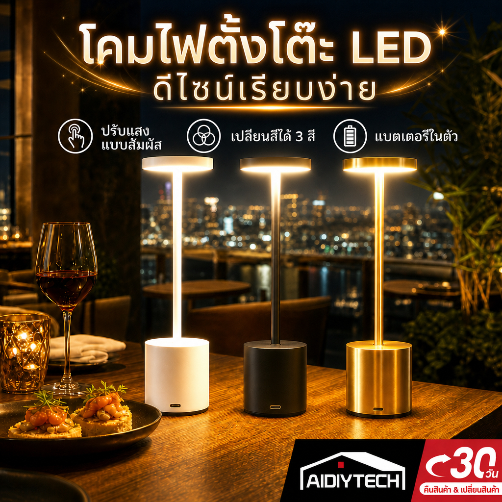 โคมไฟตั้งโต๊ะ LED ไร้สาย สัมผัสปรับแสง 3 สี ชาร์จ USB แบตเตอรี่ในตัว ดีไซน์มินิมอล สำหรับโต๊ะทำงานและร้านอาหาร ส่งด่วน
