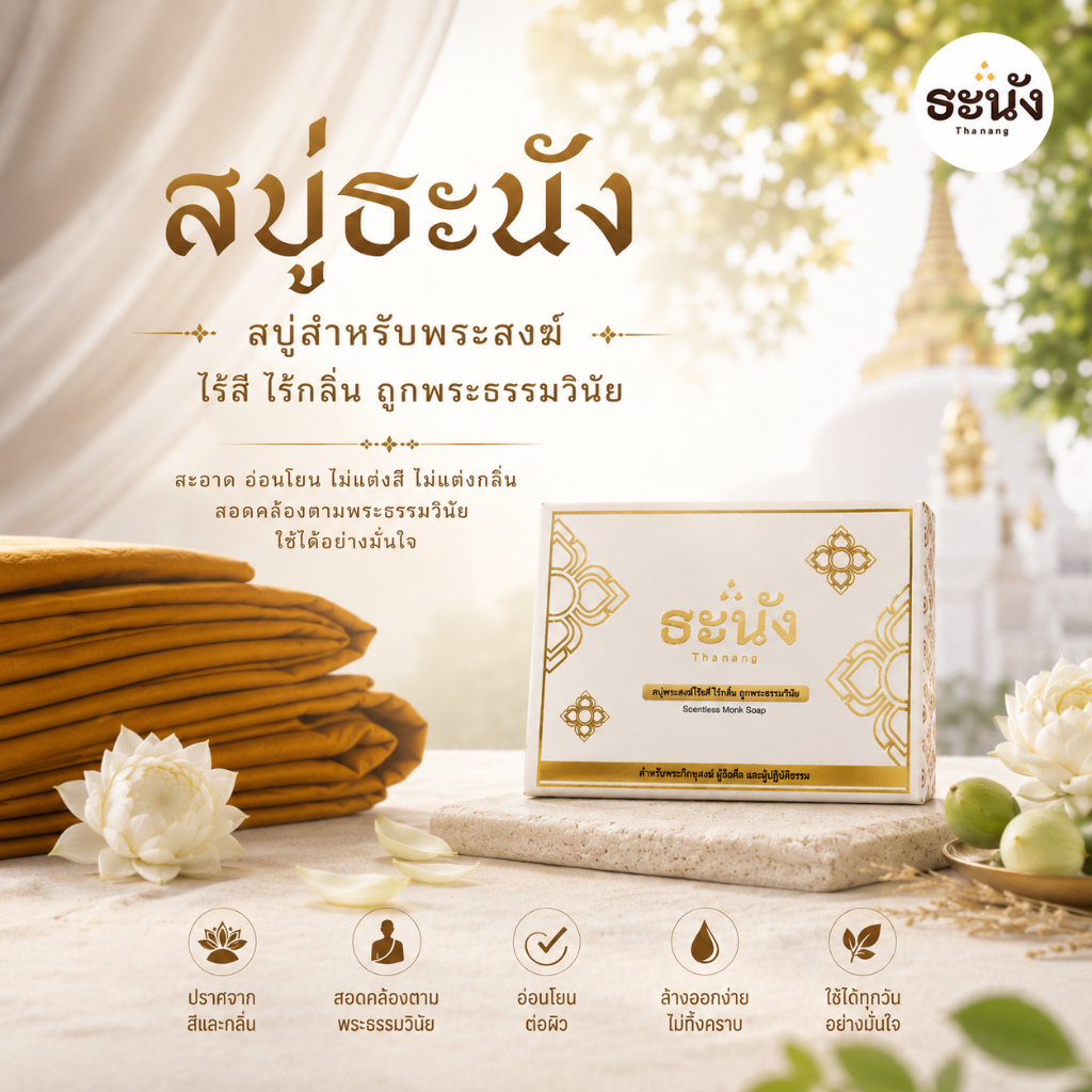 สบู่พระ ธะนัง (สบู่ไร้สีไร้กลิ่น ถูกพระธรรมวินัย สำหรับพระสงฆ์) ทำบุญ สังฆทาน ถวายพระ ธะนัง Thanang