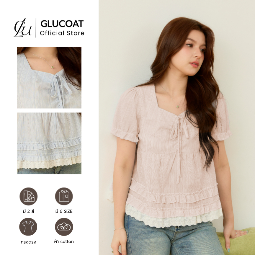 Glucoat | [A455/A957] เสื้อแขนตุ๊กตาลายริ้วสีฟ้า/สีชมพู พร้อมโบว์ ชายระบายแต่ฉลุสีขาว ซิปหลังยาว