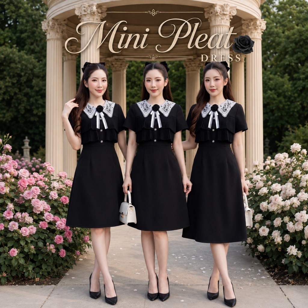 DW348AL Mini Pleat Dressชุดเดรสยาวทรงเข้ารูป ผ้าบาร์บี้ดอลลี่ ปกบัวแหลมแต่งปักที่ปก แต่งลูกไม้รอบปก พร้อมเข็มกลัดกุหลาบโ