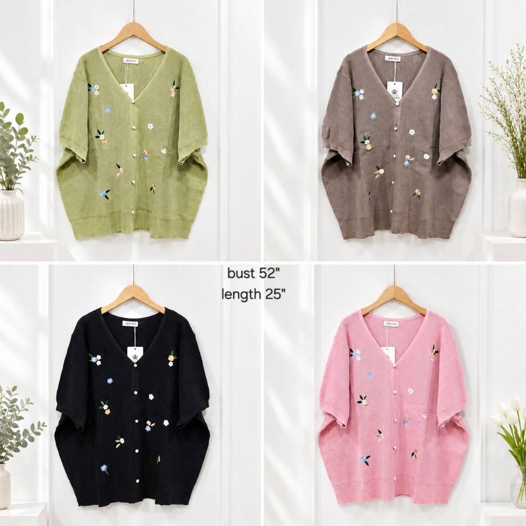 เสื้อไหมพรมคอวีแต่งกระดุมมุกปักดอกไม้