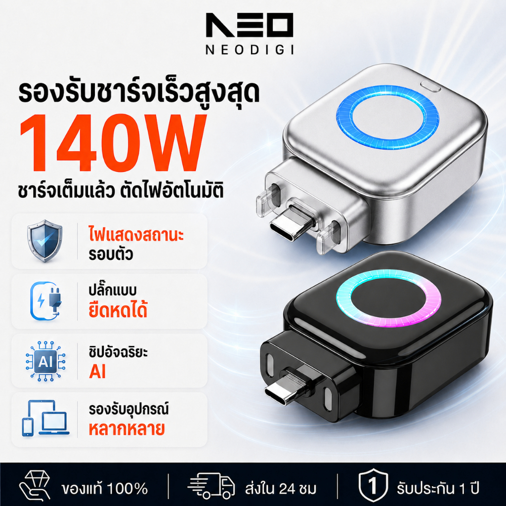 NEODIGI Mart Auto Stop ชาร์จแยก AI Recognition ชาร์จอย่างเต็มที่อัตโนมัติตัดอุปกรณ์ TypeC ชาร์จอะแดปเตอร์ความปลอดภัย
