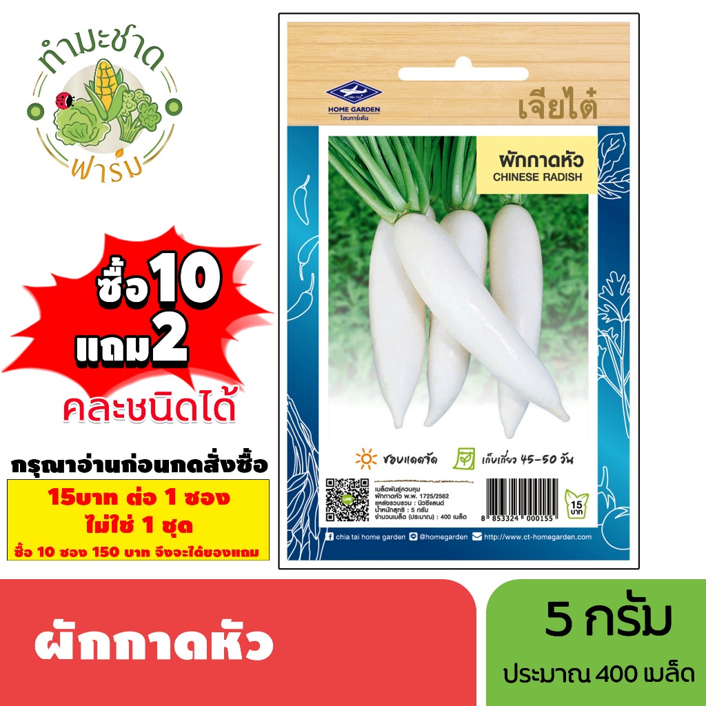 [1ซอง] เจียไต๋ (ซื้อ10แถม2) เมล็ดพันธุ์ ผักกาดหัว ขนาด5กรัม ประมาณ400เมล็ด Chinese Radish   หัวไชเท้า เมล็ดพันธุ์พืช เมล