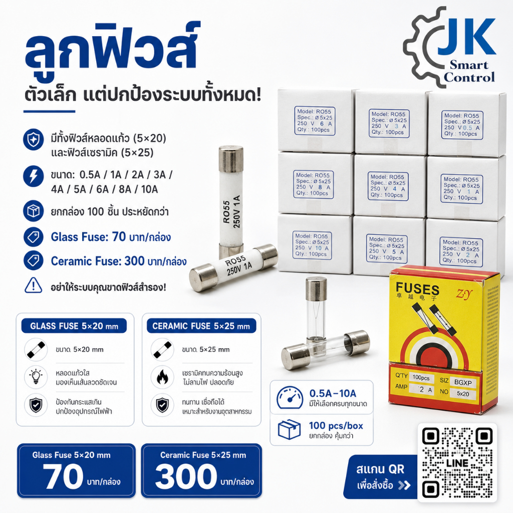 100 PCS Ceramic/Glass FUSE : 100 ชิ้น ลูกฟิวส์ เซรามิค/หลอดแก้ว ขนาด 0.5-10 A (ราคายกกล่อง / Box Price)
