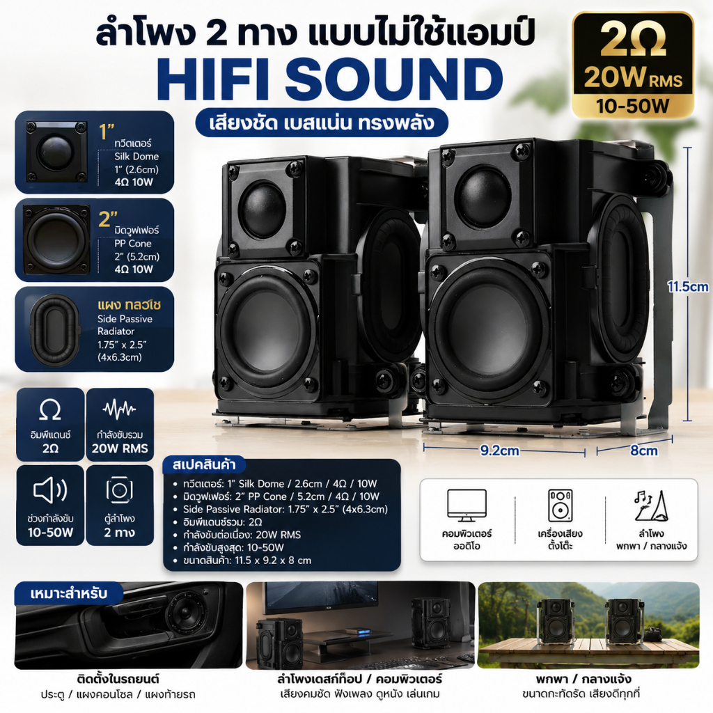 ตู้ลำโพง HK ถอดแท้จากเครื่อง 2 ทาง Passive 4Ω 10W ทวีตเตอร์ 1 นิ้ว + ลำโพง 2 นิ้ว สำหรับ DIY ลำโพงคอ