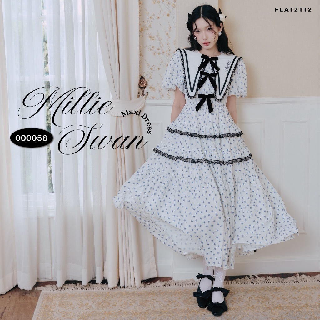 FLAT2112 : MILLIE SWAN MAXI DRESS เดรสยาวสุดคิวต์  ชุดเดรสสไตล์เกาหลี น่ารัก เดรสยาวลายดอก เดรสระบายลูกไม้ (000058)